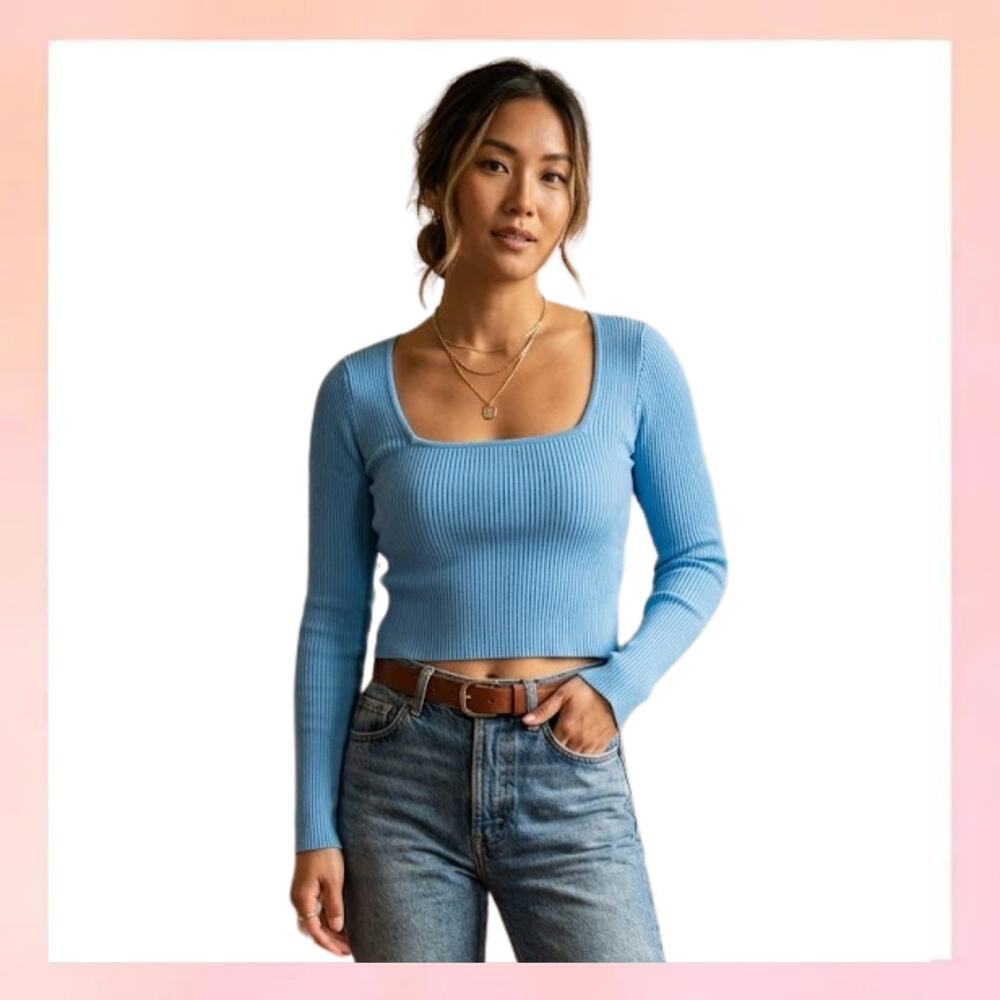 Abercrombie & Fitch Blue Ribbed Square Neck Long Sleeve Crop Top Size L